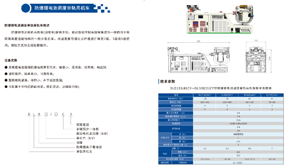 DLD120/88CY~DLD30/22CY型防爆锂电池调度单轨吊机车